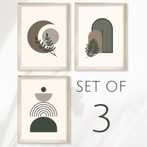 Boho Abstract Wall Art Prints: Beige & Green Decor Set of 3