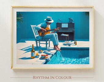 May include: A man in a white hat plays a guitar by a swimming pool. He is sitting on a white chair with a plate of fruit and a bottle of wine on a table nearby. The pool is surrounded by a tiled deck and there is a piano in the background.
