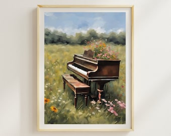 Puede incluir: Un piano de cola marrón vintage se encuentra en un campo de hierba verde y flores silvestres. El piano tiene un teclado blanco y un banco de madera. El cielo es azul con nubes blancas.