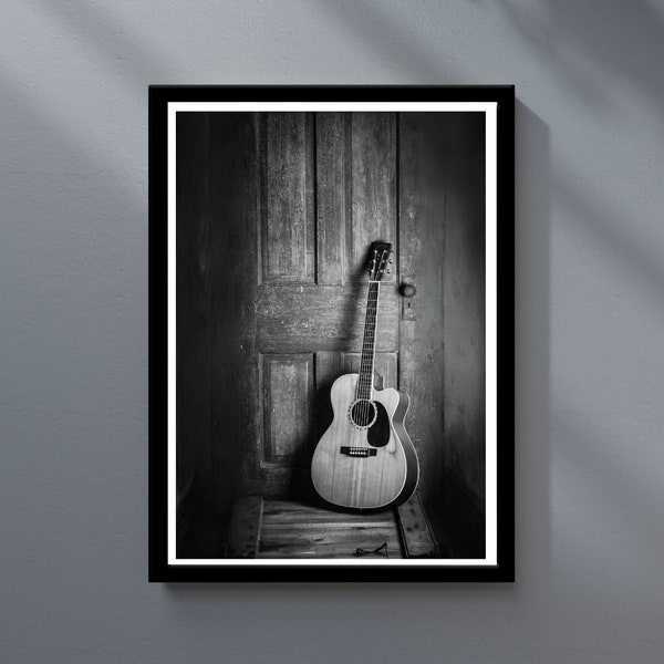 Acoustic Guitar Photograph Poster Black and White Guitar Print Monochrome Music Poster Vintage Poster Gift for Musician Guitar Photography