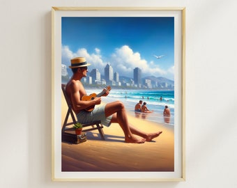 Puede incluir: Una impresión artística enmarcada muestra a un hombre tocando el ukelele en una playa. Lleva un sombrero de paja y gafas de sol, sentado en una silla de madera. El fondo muestra un horizonte urbano, cielo azul y océano. El texto "RHYTHM IN COLOUR" está en la parte inferior.