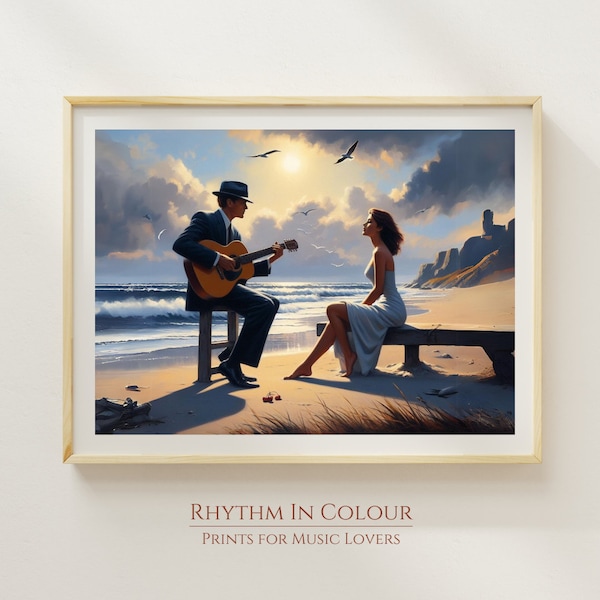 Impresión vintage cartel nostálgico impresión romántica pareja romántica pintura regalo playa impresión estilo de arte costero inspirado en Jack Vettriano