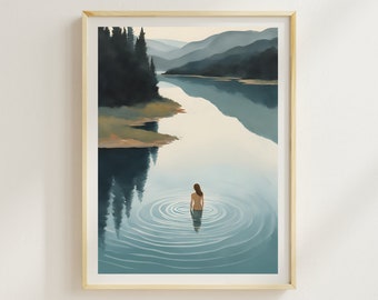 May include: A woman stands in a still lake, surrounded by concentric ripples. The water reflects the surrounding forest and mountains, creating a serene and peaceful scene.