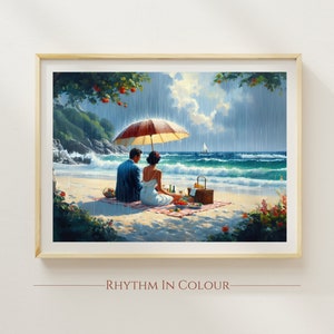 Puede incluir: Una pareja disfruta de un picnic en una playa bajo una sombrilla roja y blanca. El océano está en el fondo con un velero en la distancia. El cielo está nublado y está lloviendo.