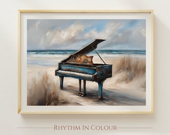 May include: A blue grand piano sits on a sandy beach with the ocean in the background. The piano is weathered and has a faded blue paint job. The sky is cloudy and the water is a light blue.