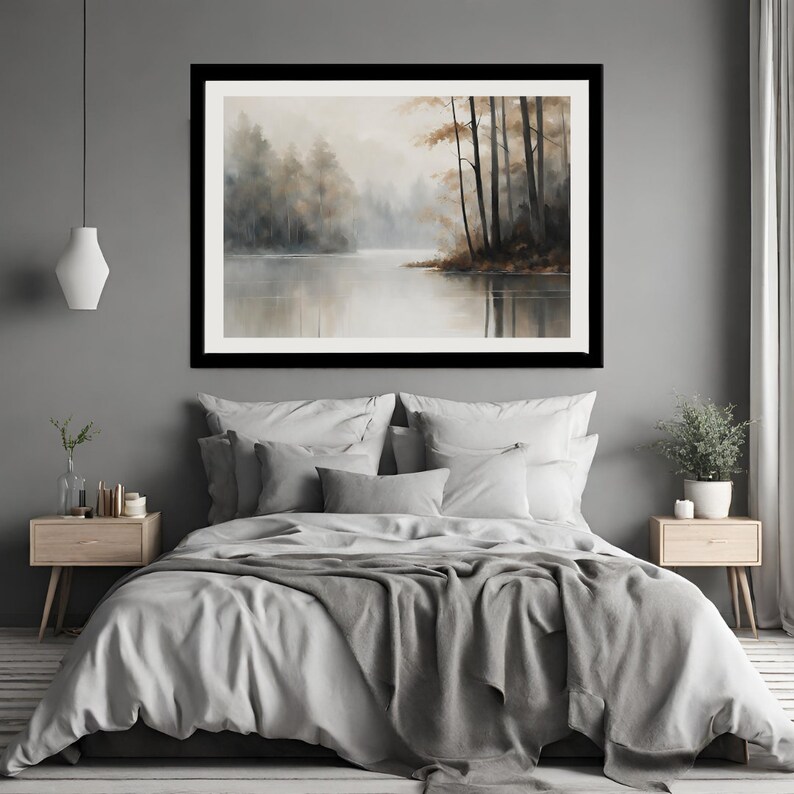 Neutral Lake Landscape Art Print: Beige Forest Wall Decor - Etsy