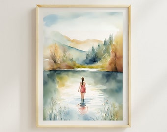 May include: Watercolour painting of a woman standing in a lake with mountains and trees in the background. The woman is wearing a red swimsuit and has her back to the viewer. The water is a light blue colour and the mountains are a light green colour.