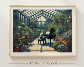 May include: A framed art print depicts a man playing a grand piano in a greenhouse filled with potted plants. The artwork features a warm color palette with the text "Rhythm in Colour" at the bottom.