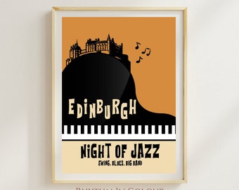 Edinburgh Jazz Print Retro Jazz Music Poster Edinburgh Jazz and Blues Poster Gift for Jazz Music Fan Yellow Piano Jazz Wall Art Vintage Jazz