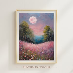 Moon Print Wildflower Poster Mystical Pink Moonlight Poster Landscape Oil Painting Nature Landscape Magic Print Moonlight Poster Night Sky