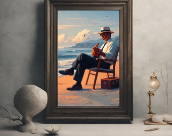 Puede incluir: Un hombre con camisa blanca y sombrero se sienta en una silla en una playa, tocando un ukelele. El océano está en el fondo, y el cielo es azul con nubes blancas.
