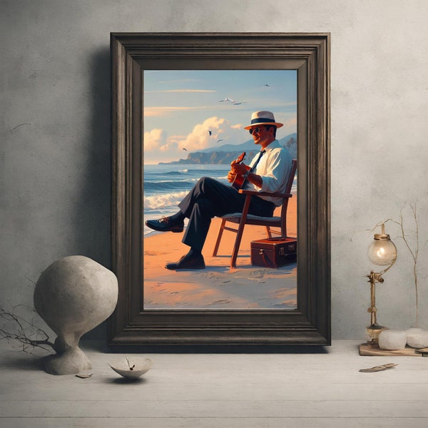 Ukulele Print Oil Painting Style Poster Gift for Ukulele Player Present for Musician Beach Print Style Inspired by Jack Vettriano