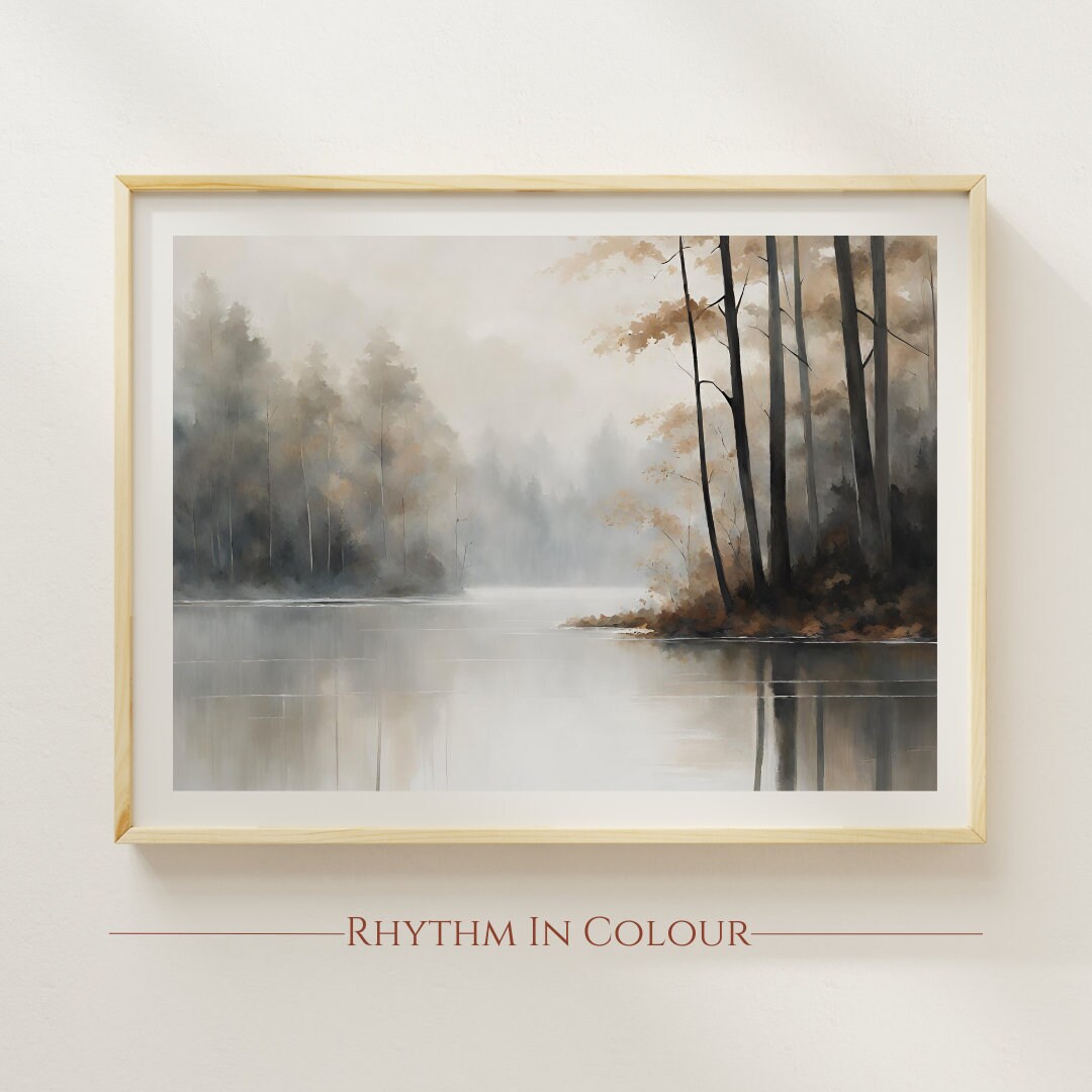 Neutral Lake Landscape Art Print: Beige Forest Wall Decor - Etsy