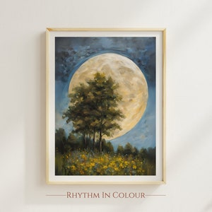 Póster con estampado de luna y flores silvestres Póster con luz de luna mística Pintura al óleo de paisaje Paisaje natural Impresión mágica Póster con luz de luna Arte del cielo nocturno