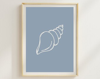 May include: A white line drawing of a seashell on a light blue background. The image is framed in a light wood frame. The text "Rhythm in Colour" is printed below the frame.