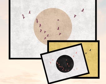 Japanese Birds Art Print: Japandi Sunset Landscape Poster