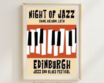 Edinburgh Jazz Print Retro Jazz Music Poster Edinburgh Jazz and Blues Poster Gift for Jazz Music Fan Red Piano Jazz Wall Art Vintage Jazz