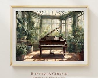 May include: A grand piano sits in a sunlit greenhouse surrounded by lush greenery. The piano is open with sheet music on the stand. The room has a glass ceiling and large windows. The text "Rhythm in Colour" and "Prints for Music Lovers" is printed below the image.