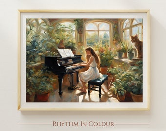 Pode incluir: Uma pintura de uma mulher tocando um piano de cauda em um quarto ensolarado cheio de plantas. Um gato está sentado em um parapeito de janela no fundo. A pintura é intitulada "Rhythm in Colour."