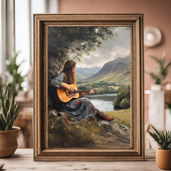 Peinture de guitare Boho Guitar Poster Art The Lake District Guitar Print Cadeau pour guitariste Cadeau pour musicien Guitare acoustique Affiche Peinture à l’huile