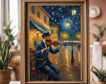 Violon Print Van Gogh Style Cadeau pour violoniste Présent pour Van Gogh Nuit étoilée Violon Affiche Café Terrasse la nuit Impression Violon Musique Art