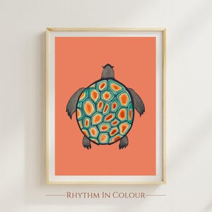 May include: A colourful illustration of a turtle with a green, orange and blue shell on a coral background. The turtle is facing away from the viewer. The text "Rhythm in Colour" is printed below the image.
