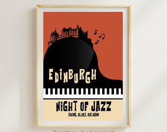 Edinburgh Jazz Print Retro Jazz Music Poster Edinburgh Jazz and Blues Poster Gift for Jazz Music Fan Red Piano Jazz Wall Art Vintage Jazz