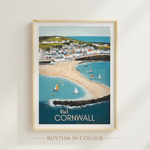 May include: A colorful illustration of a coastal town in Cornwall, England. The image features a sandy beach, blue water, and sailboats. The text "Visit Cornwall" is printed in white on a blue background.