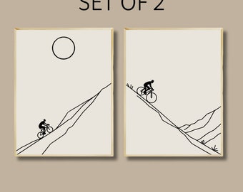Láminas de ciclismo minimalistas: arte lineal de bicicletas de montaña, juego de 2