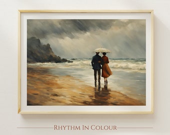 May include: A painting of a couple walking on a beach under a white umbrella. The sky is gray and stormy, and the waves are crashing on the shore. The couple is dressed in vintage clothing and is holding hands. The painting is titled "Rhythm in Colour."