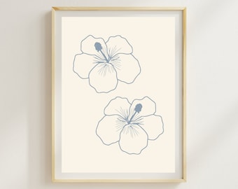 Blue Hibiscus Flower Line Art Print: Neutral Coastal Wall Decor