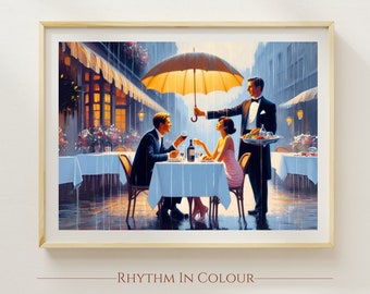 Vintage Print Nostalgic Oil Painting Rainy Day Romantic Print Romantic Couple Gift Fine Dining Print Style Inspired by Jack Vettriano