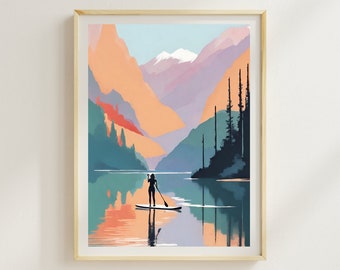 Könnte beinhalten: Ein digitales Gemälde einer Frau, die auf einem See vor einer Bergkette paddelt. Die Berge sind in einem Mix aus violetten, rosa und orangen Farbtönen gehalten. Der See ist tiefblau mit Reflexionen der Berge. Der Himmel ist hellblau.
