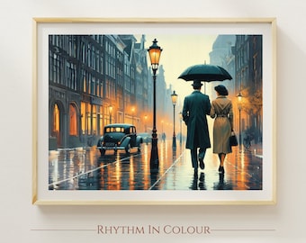 Vintage Print Nostalgic Oil Painting Rainy Day Romantic Print Romantic Couple Gift Busy Raining City Print Style Inspired by Jack Vettriano