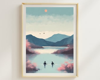 May include: A digital painting depicting a landscape with two figures swimming in a lake. The lake is surrounded by mountains and trees. The sky is blue with a pink sun.