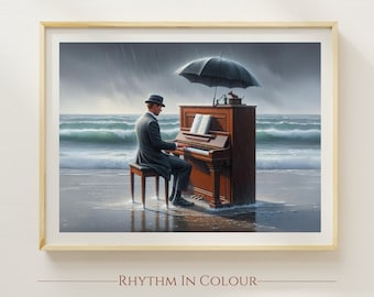 Puede incluir: Un hombre toca un piano en una playa bajo una sombrilla negra bajo la lluvia. El piano es marrón con teclas blancas y un libro de música en el atril. El hombre lleva un traje negro y un sombrero. Las olas rompen en el fondo.