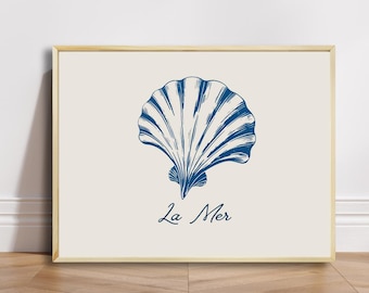 Impressão de arte vintage com conchas: decoração de parede com tema de oceano azul e bege