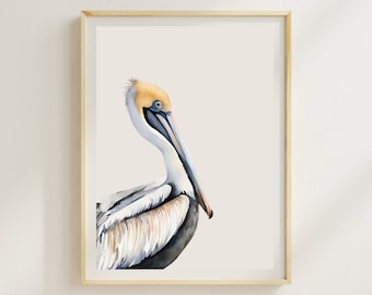 Stampa minimalista di pellicano: arte di uccelli costieri ad acquerello
