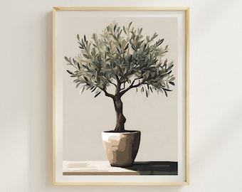 May include: A framed art print featuring an olive tree in a pot. The tree has green leaves and a brown trunk, set against a neutral background. The print is in a light wooden frame, with the text "RHYTHM IN COLOUR" at the bottom.