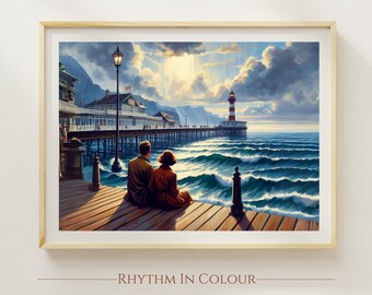 Vintage Print Nostalgic Oil Painting Victorian Pier Romantic Print Romantic Couple Gift Seaside Print Style Inspired by Jack Vettriano