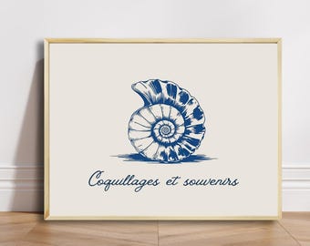Impressão de arte vintage com conchas: decoração de parede costeira em azul e bege
