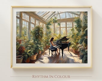May include: A woman plays a black grand piano in a sunlit greenhouse filled with lush green plants. The room has a glass ceiling and large windows, allowing natural light to stream in. The painting is titled "Rhythm in Colour."