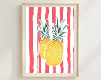 May include: Two yellow pineapples with green tops on a pink and white striped background. The background has a brushstroke effect. The text "Rhythm in Colour" is at the bottom of the image.
