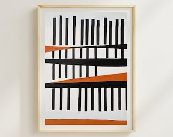 May include: Abstract art print in a wooden frame with black and orange geometric shapes. The print is titled "Rhythm in Colour".