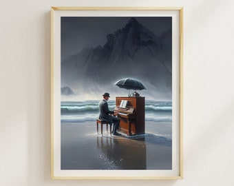 Puede incluir: Un hombre toca un piano en una playa con una montaña al fondo. El piano está bajo una sombrilla y el hombre lleva un sombrero. La escena está pintada en un estilo oscuro y melancólico.