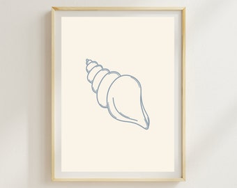 May include: A simple line drawing of a seashell in blue on a cream background. The seashell is a spiral shape with a pointed end.