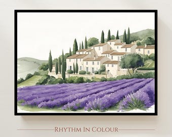 Provence Lavender Field Print: French Countryside Watercolor Art
