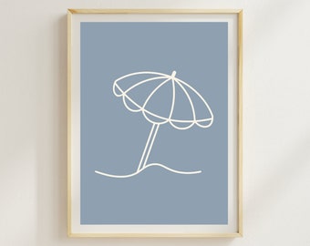 May include: A minimalist line art print of a white beach umbrella on a light blue background. The print is framed in a light wood frame.