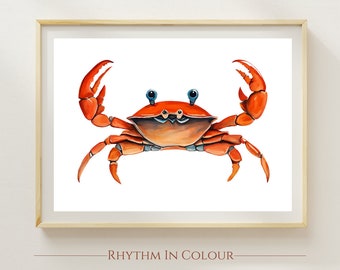 Lámina decorativa de cangrejo naranja, arte de pared para cocina con temática de mariscos.