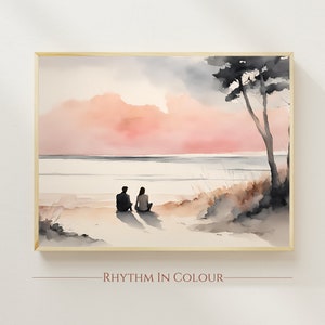 Paar am Strand Druck Paar Poster Liebe Druck Neutral Wand Kunst Beige Wohnkultur Galerie Wand Küsten Kunst Druck Paar Reise Druck Meer
